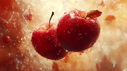Explosive digital rendering of two red apples in fluid suspension