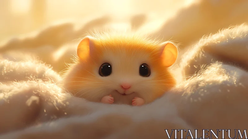 Sunlit puffball hamster nestles into clouds of blanket glow