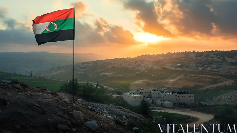 Tricolor hilltop flag overlooks rural settlement at sunset