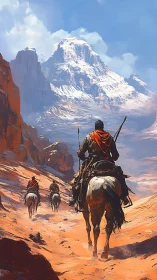 Riders Journeying Toward Majestic Snow Capped Mountain Peaks.