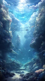 Sunlit undersea canyon where drifting reefs cradle light.