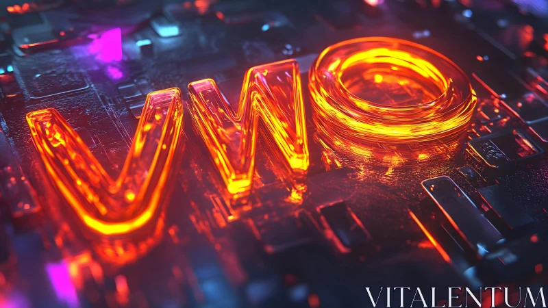 Glowing Neon VWO Letters on Futuristic Circuit Board Background.