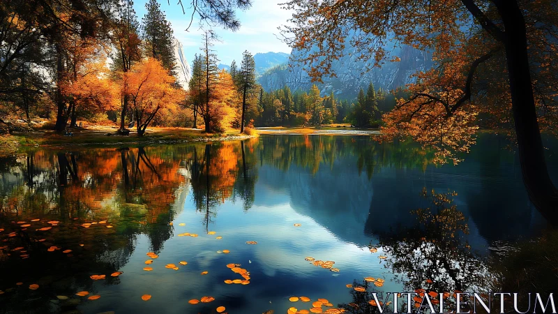 High-saturation autumn lakeside reflection with symmetric tree mirroring