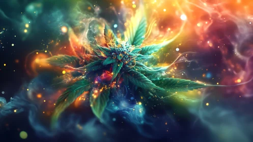 Psychedelic cannabis bloom radiates swirling prismatic light.