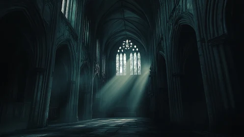 Sunlight penetrates gothic cathedral nave through tall windows