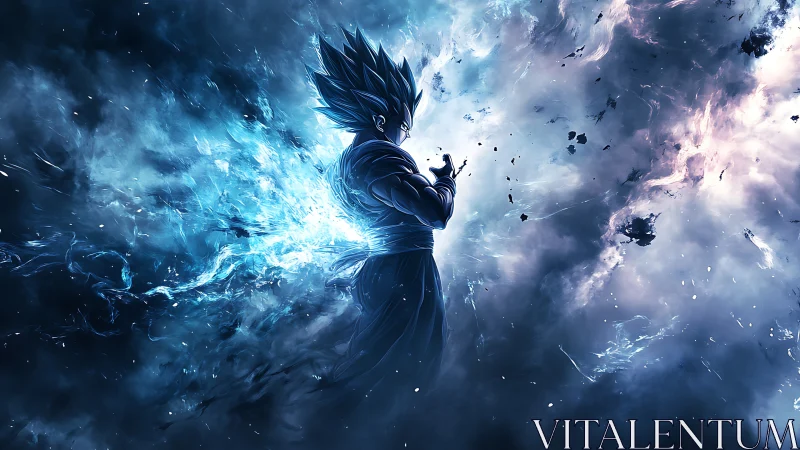 High-energy anime warrior framed by asymmetric blue particle burst