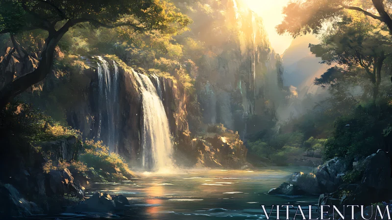 Sunlit forest waterfall where quiet water stories linger.