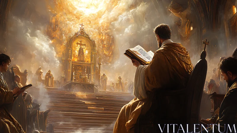 Priests read illuminated texts before radiant golden altar
