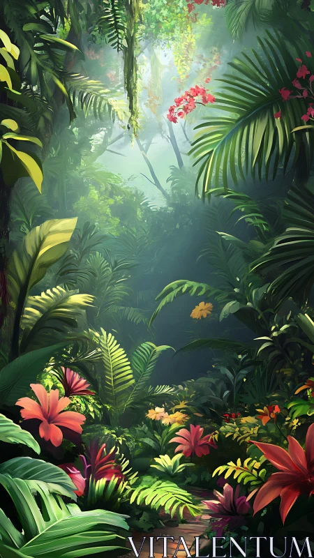 Sunlit jungle pathway wrapped in lush, colorful blooms.