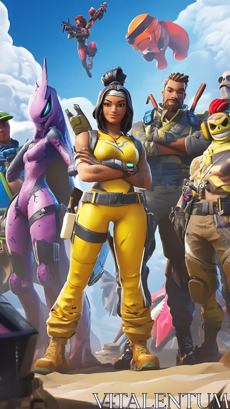 Cartoon squad of stylized fighters stands in formation