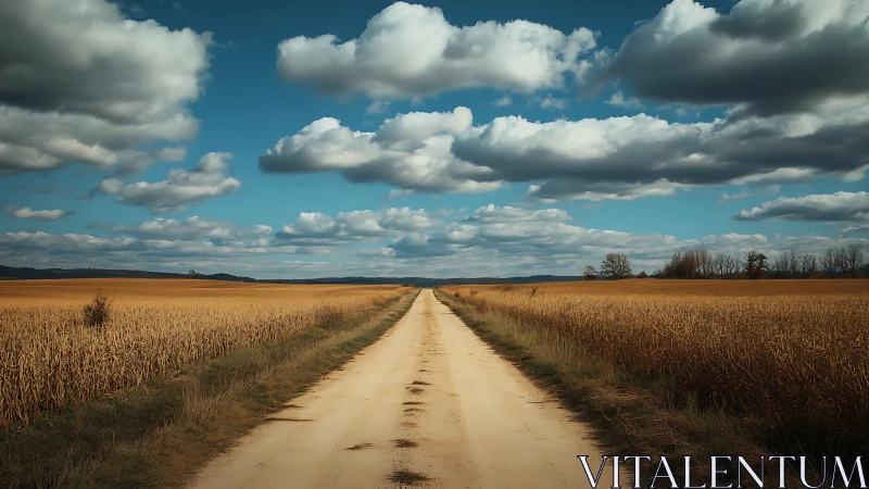 Rural dirt road perspective under sculpted cumulus sky.