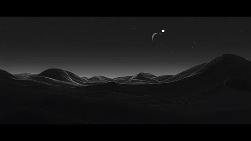 Quiet alien dunes under a gentle twin-moon night sky.