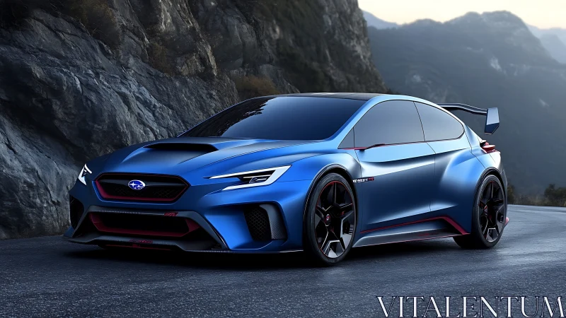 Subaru performance concept car glows against mountain backdrop.