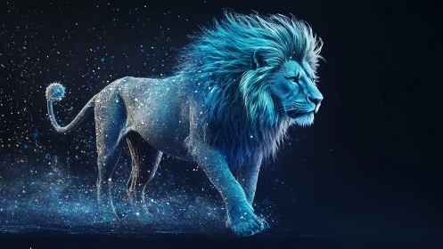 Starlit cobalt lion strides through glittering cosmic dust