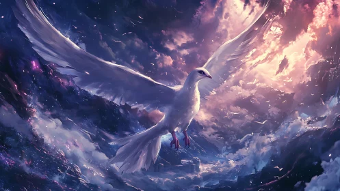 White dove with extended wings flies through glowing clouds
