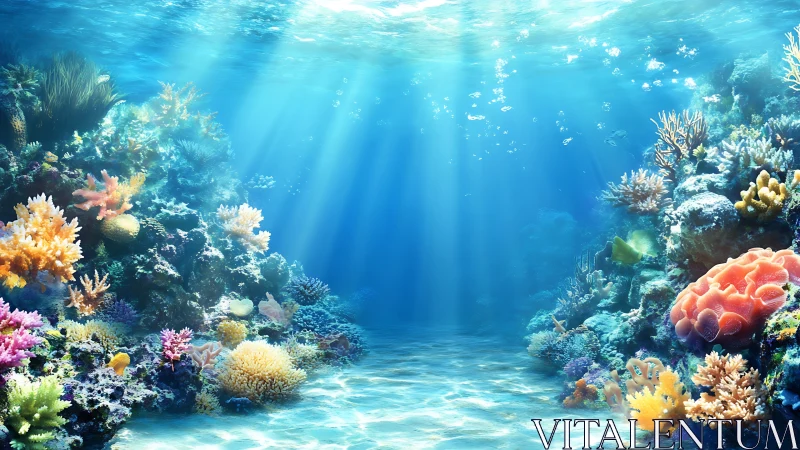 Sunlit coral reef valley displays vibrant underwater ecosystem