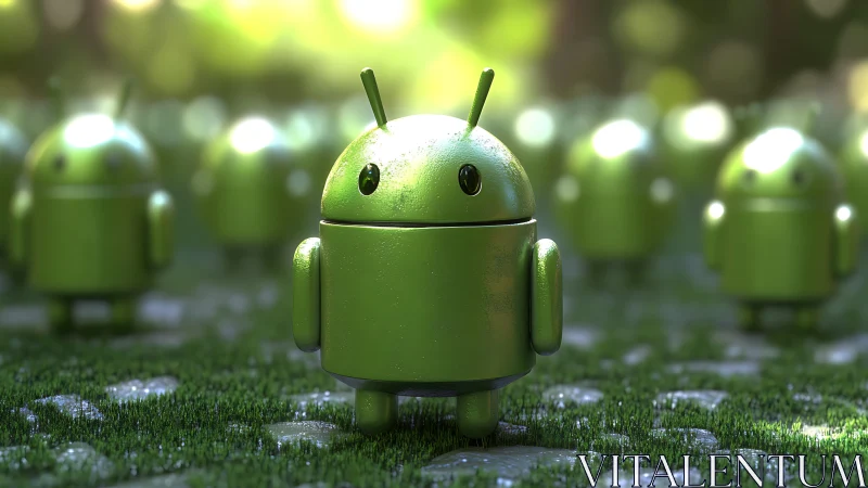 3D Android robot mascot standing on wet grass field.