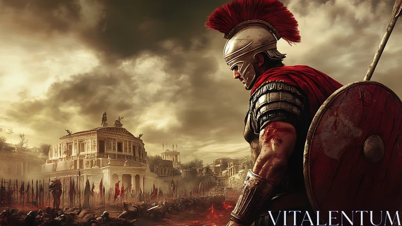 Roman legionary in bloodstained armor surveys devastated forum square