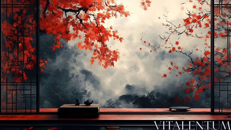 Japanese interior view with red maple branches and misty sky.