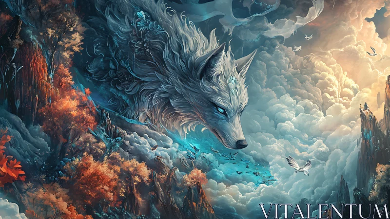 Ethereal spirit wolf emerges above glowing autumn cliffs