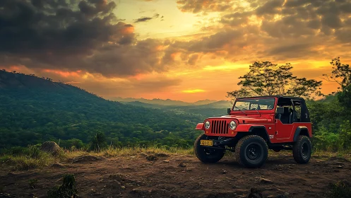 Red off-road jeep stands against expansive sunset valley vista