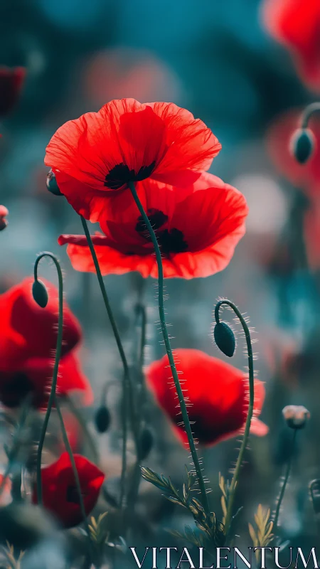 Red poppy flowers photographed with selective depth and teal background.