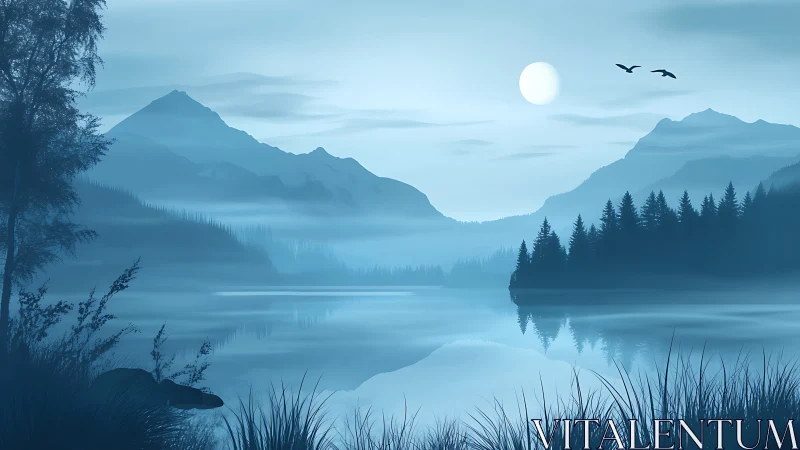 Monochromatic lacustrine mountainscape under diffuse lunar radiance.