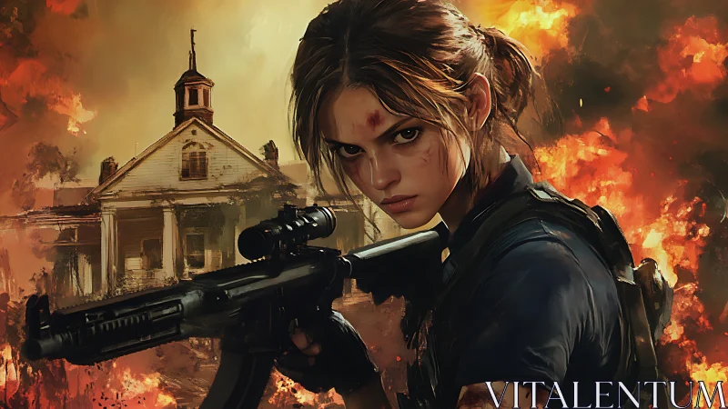 Digital painting of armed survivor before burning mansion façade.