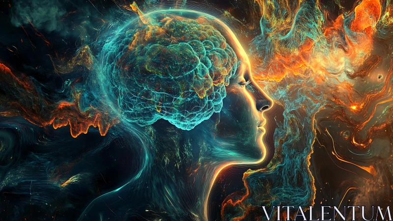 Neon human mind glows amid swirling cosmic energy clouds