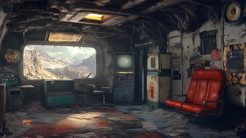 Retro-futurist mountain outpost interior, digital concept art.