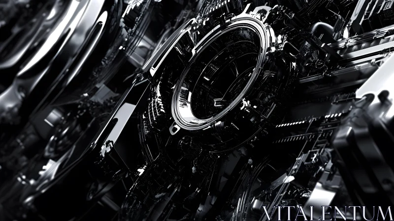 Futuristic metallic machine core in dark abstract cyberpunk style.