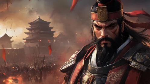 Warlord of embers stands before a burning imperial citadel.