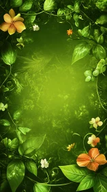 Green floral frame with tropical leaves and blossoms.