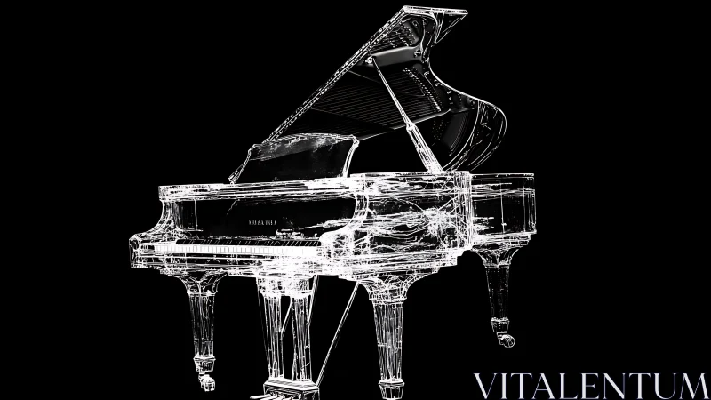 Transparent grand piano blueprint glows in stark black space