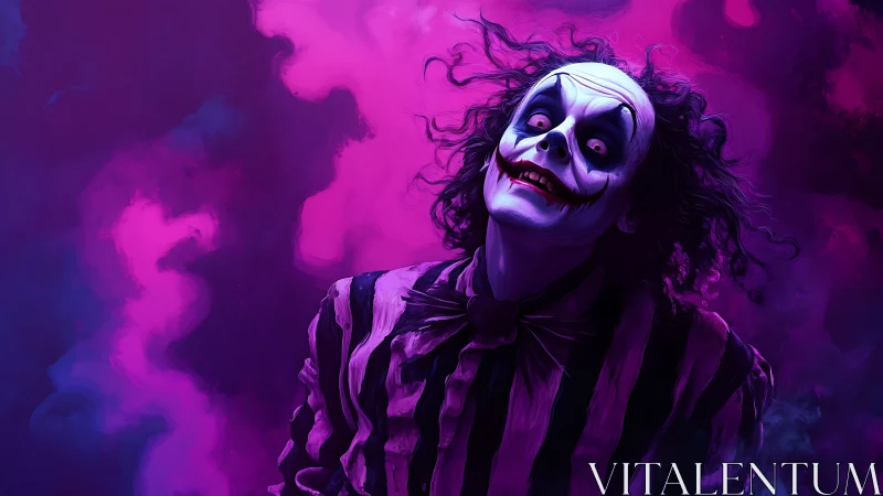 Clown-faced figure stares forward in striped suit and smoke