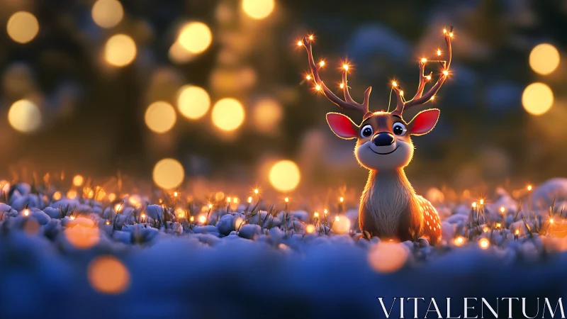 Digital painting of glowing reindeer in snowy bokeh landscape.