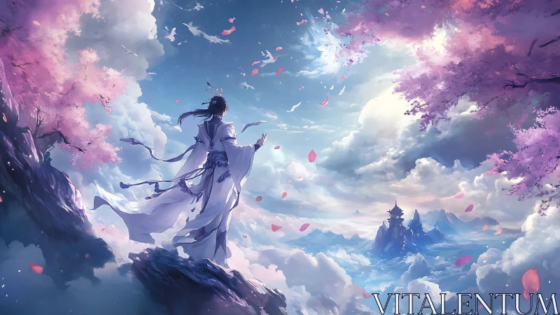Celestial swordsman gazes across floating mountains and petals.
