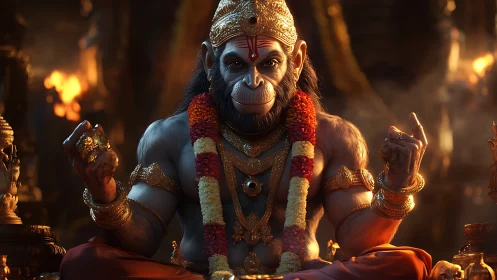Radiant monkey deity resting in golden temple glow.