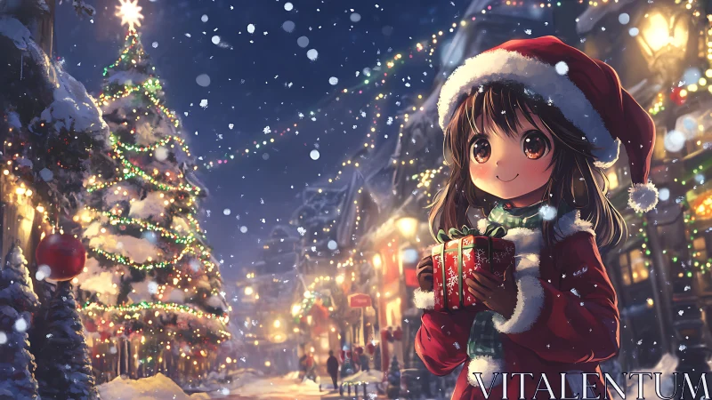 Anime child holding gift in snowy illuminated city street.