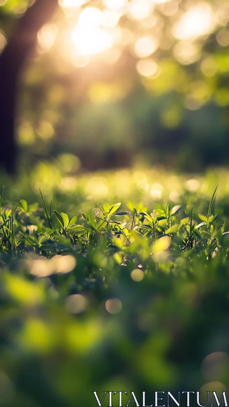 Sunlit ground foliage in dreamy shallow-focus glow.