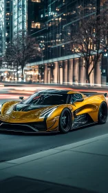 Yellow hypercar parked on city street at night