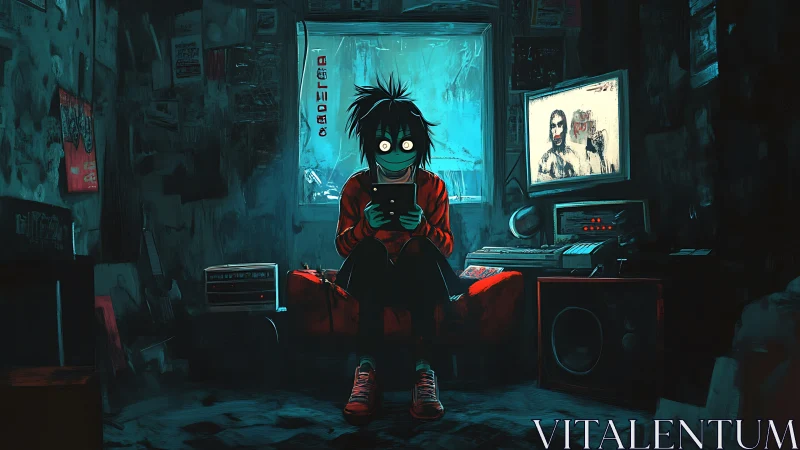 Teen gamer in dark neon room with glowing screen art.