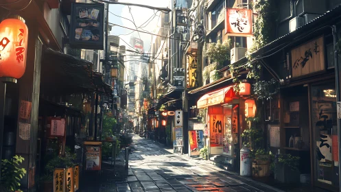 Narrow urban alleyway shows illuminated shopfronts and signs