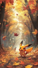 Playful Pikachu wander through a glowing autumn forest path