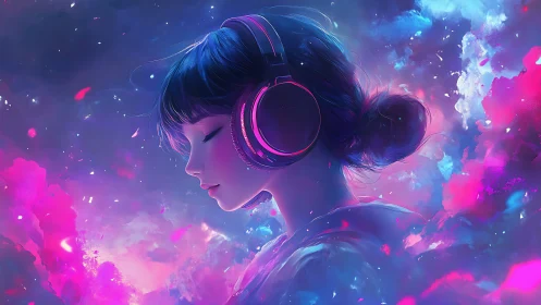 Side profile shows headphone user amid neon cloud field