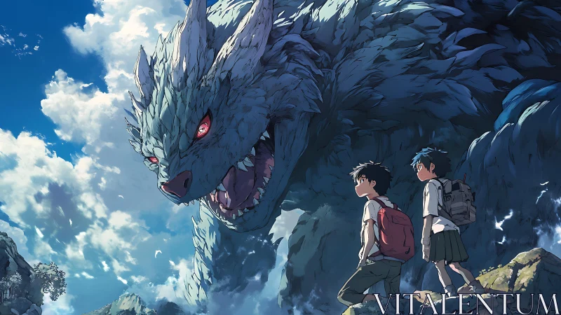Colossal wolf guardian towering above two young travelers.