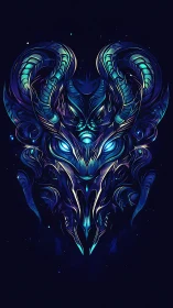 Nebula horned guardian stares back with electric sapphire eyes