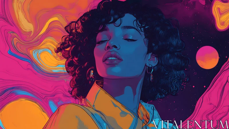 Neon chromatic portrait of woman in cosmic swirling backdrop