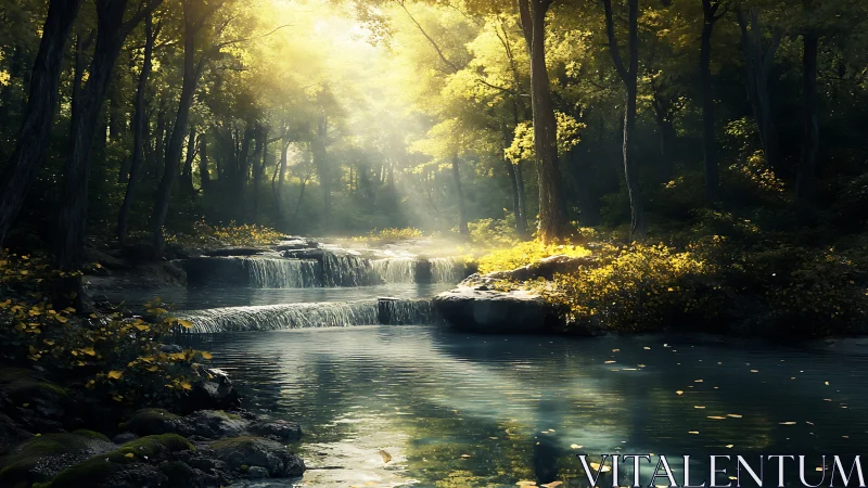 Sunlit Forest Stream with Cascading Waterfalls.