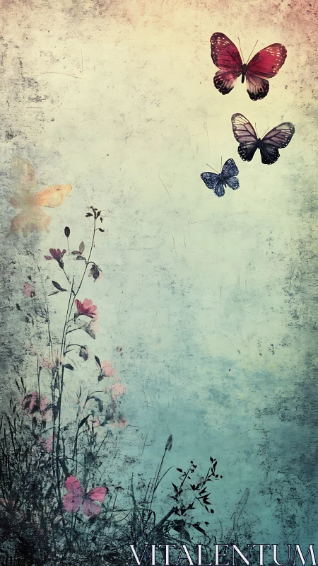 Butterflies and wildflowers on textured pastel background.